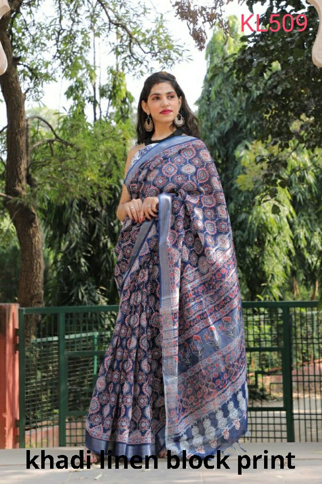 Khadi linen block print saree SILK ZONE