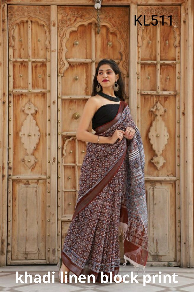 Khadi linen block print saree SILK ZONE