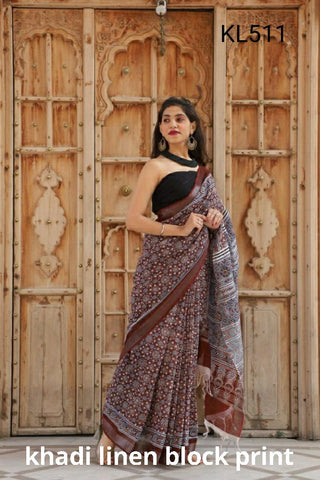 Khadi linen block print saree SILK ZONE