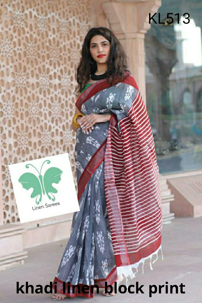 Khadi linen block print saree SILK ZONE