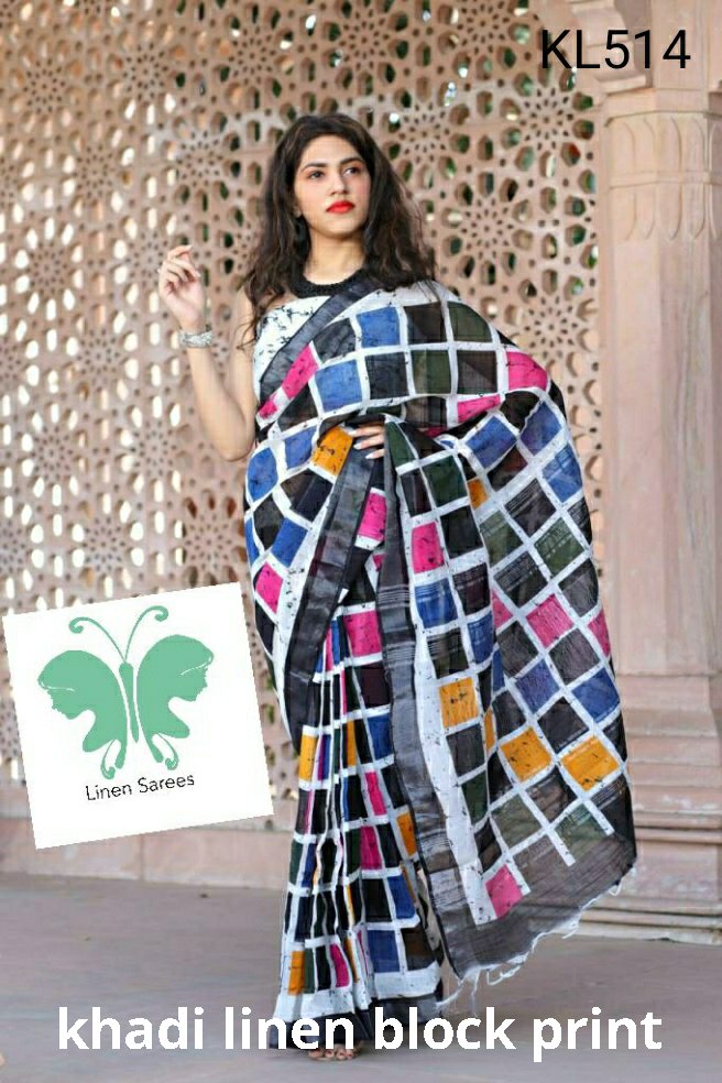 Khadi linen block print saree SILK ZONE