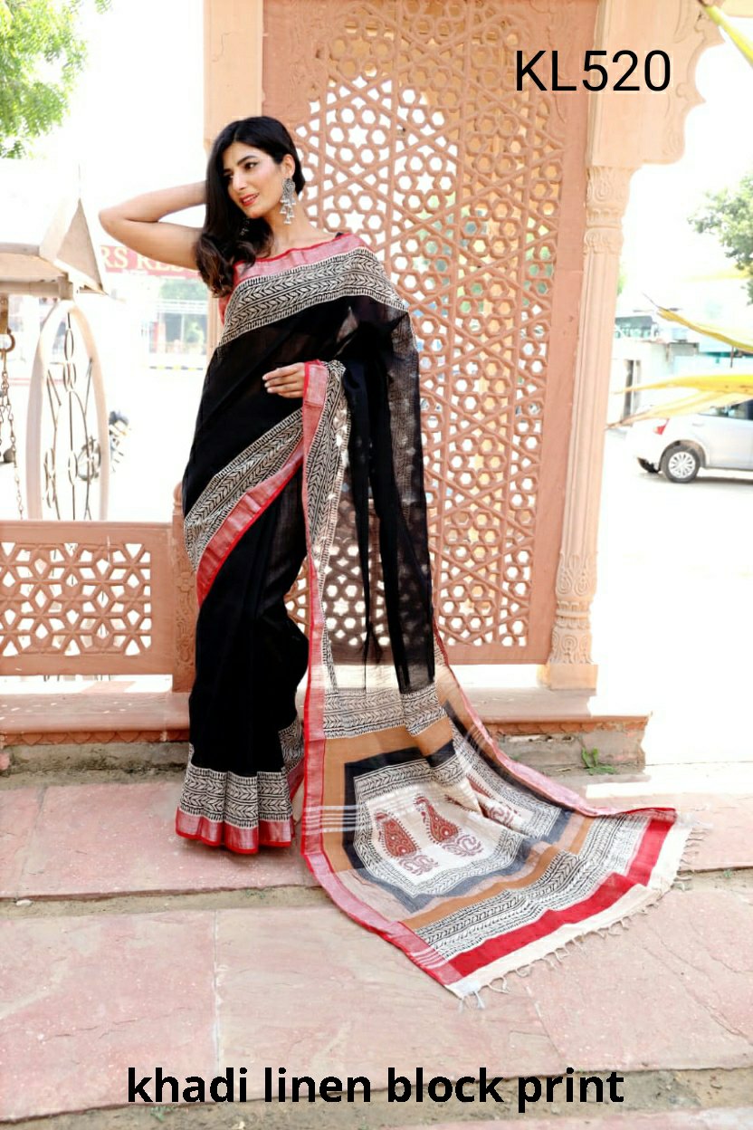 Khadi linen block print saree SILK ZONE