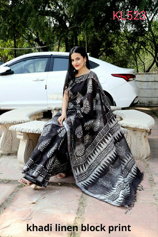 Khadi linen block print saree SILK ZONE