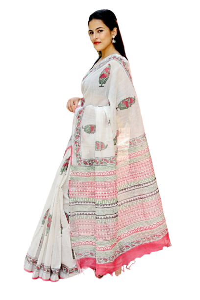 Khadi linen block print saree SILK ZONE