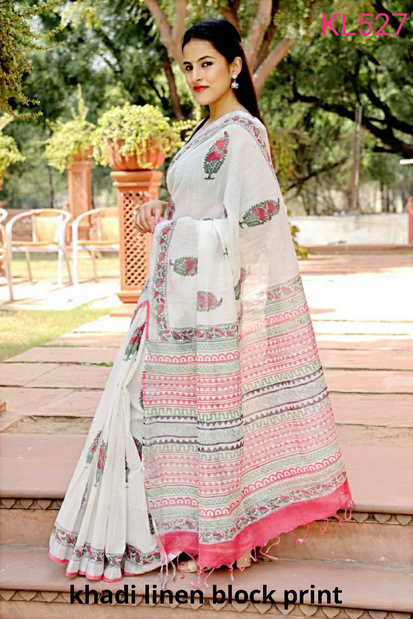 Khadi linen block print saree SILK ZONE