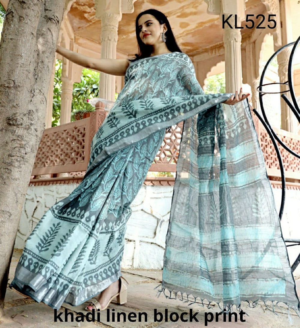 Khadi linen block print saree SILK ZONE