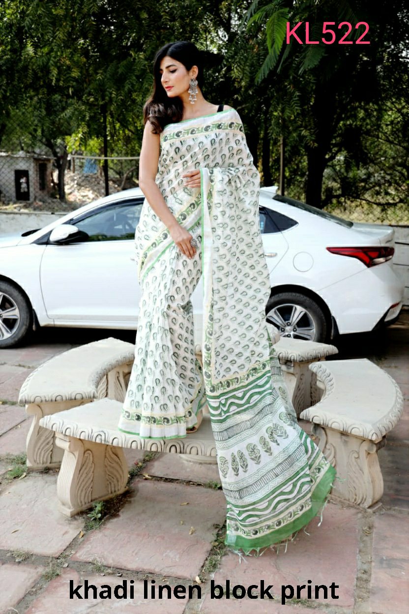 Khadi linen block print saree SILK ZONE