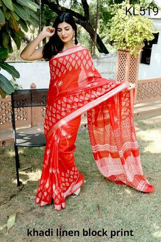 Khadi linen block print saree SILK ZONE