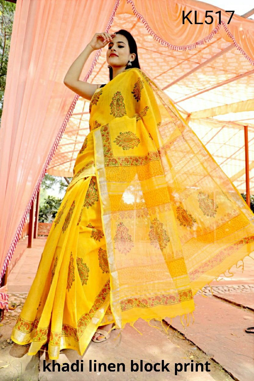 Khadi linen block print saree SILK ZONE