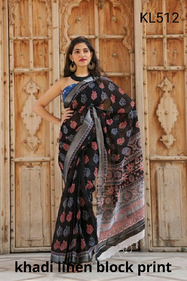 Khadi linen block print saree SILK ZONE