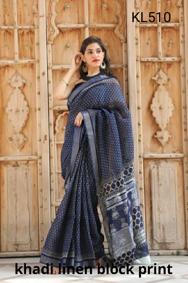 Khadi linen block print saree SILK ZONE