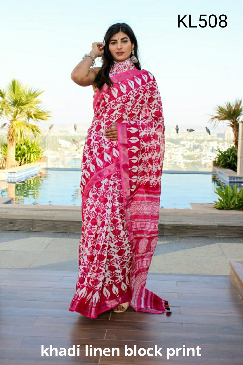 Khadi linen block print saree SILK ZONE
