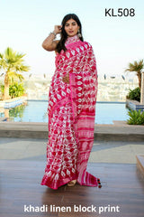 Khadi linen block print saree SILK ZONE