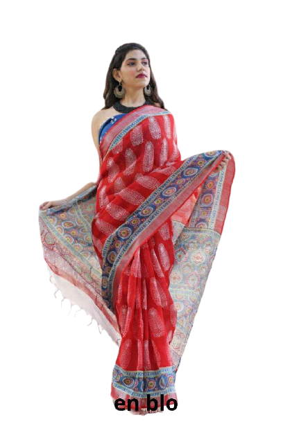 Khadi linen block print saree SILK ZONE