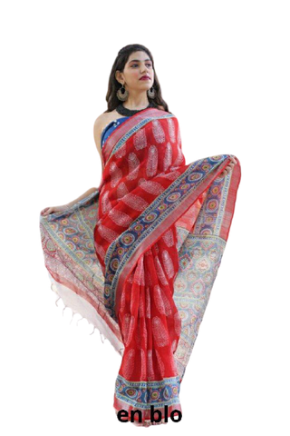 Khadi linen block print saree SILK ZONE