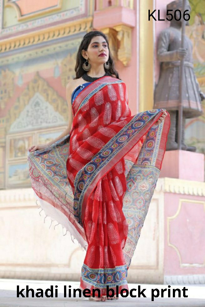 Khadi linen block print saree SILK ZONE