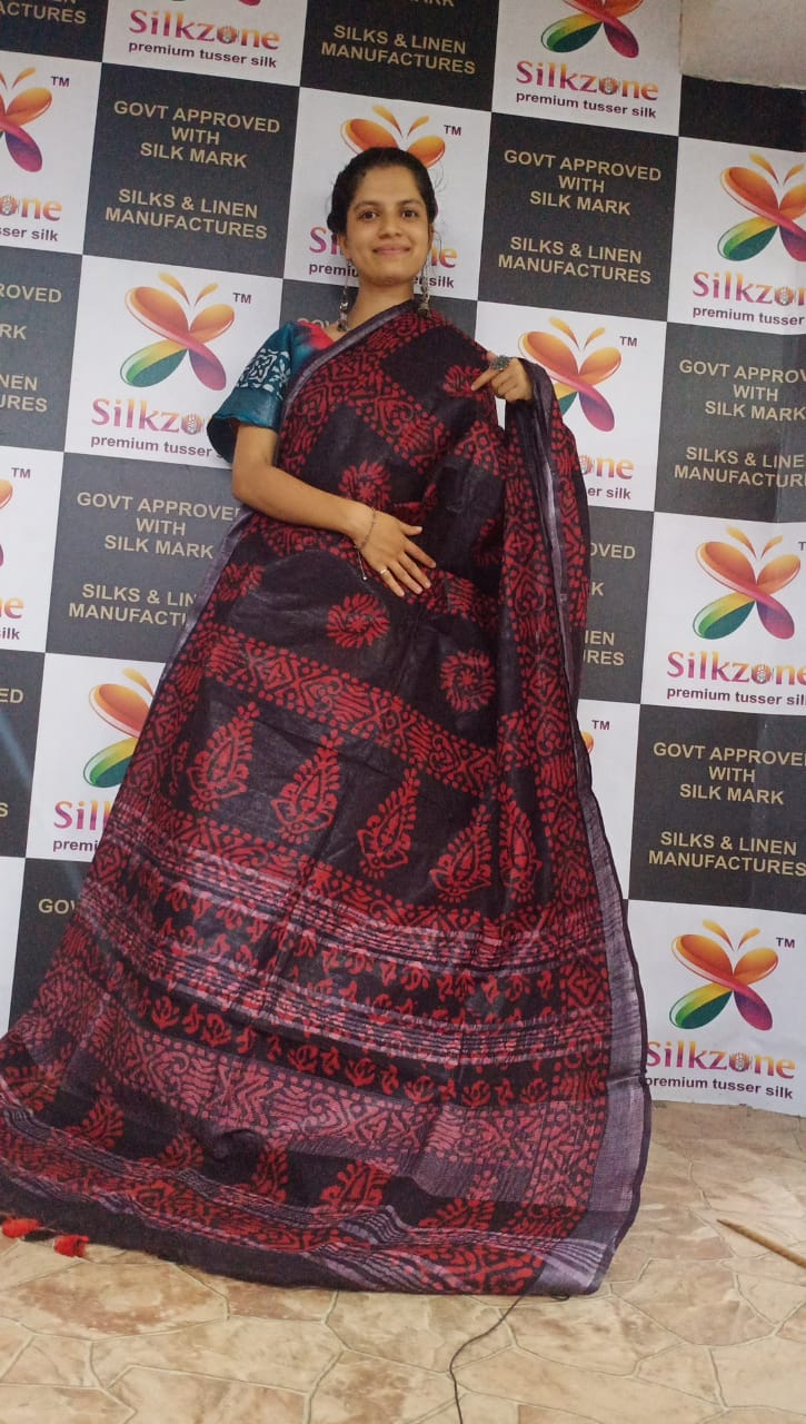 Khadi linen batik printed saree SILK ZONE