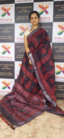 Khadi linen batik printed saree SILK ZONE