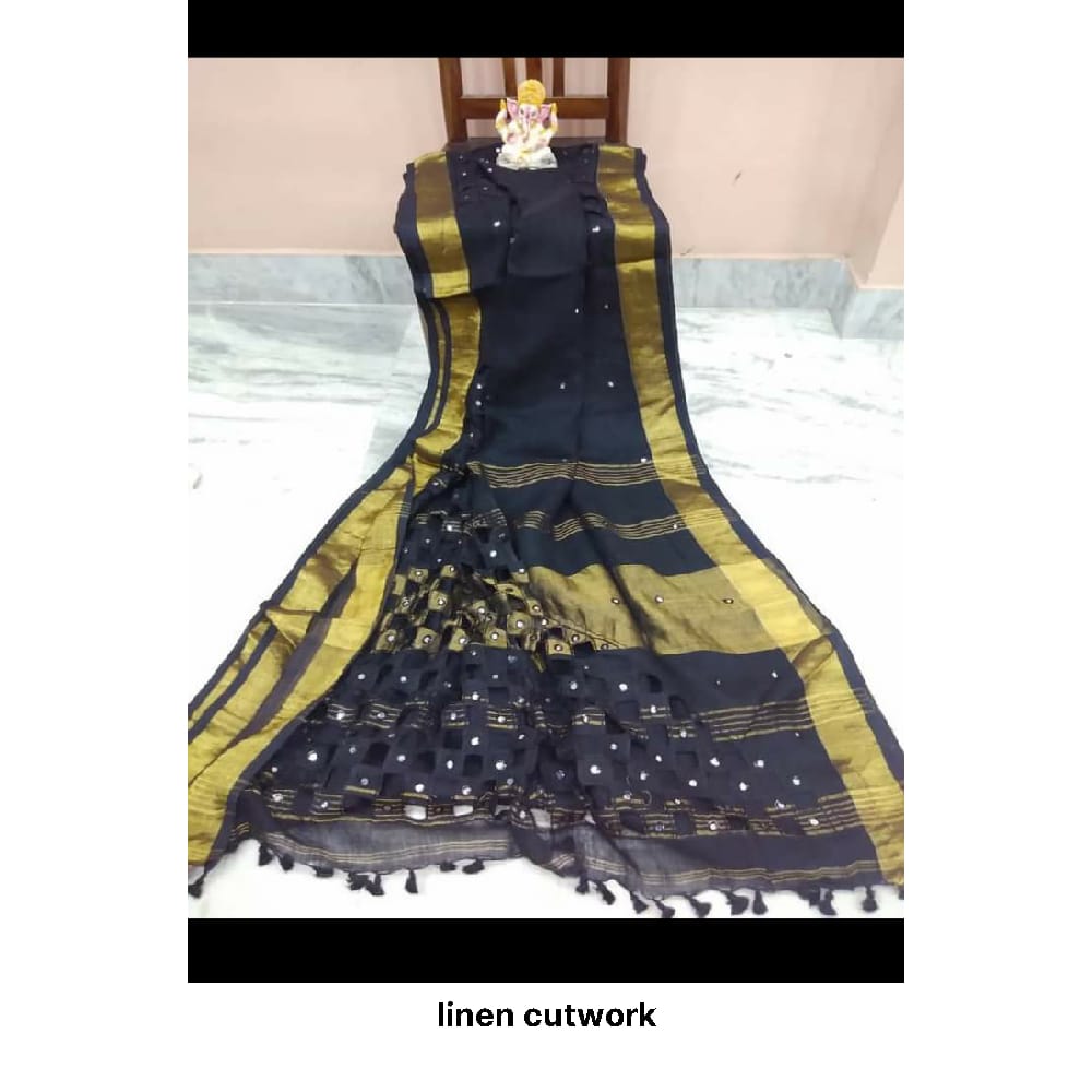 Pure linen cut work design M J HANDLOOMS