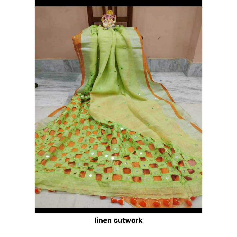 Linen saree cut work design M J HANDLOOMS