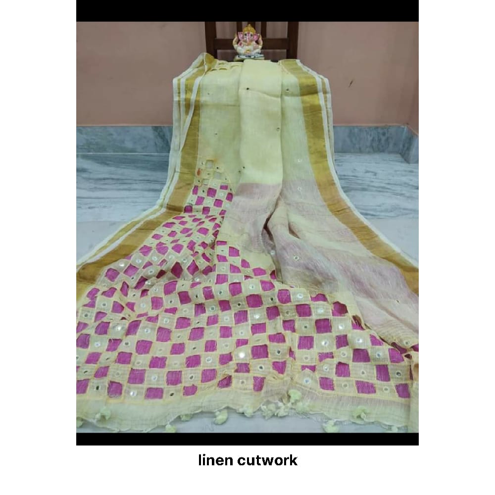 Pure linen cut work design Saree M J HANDLOOMS