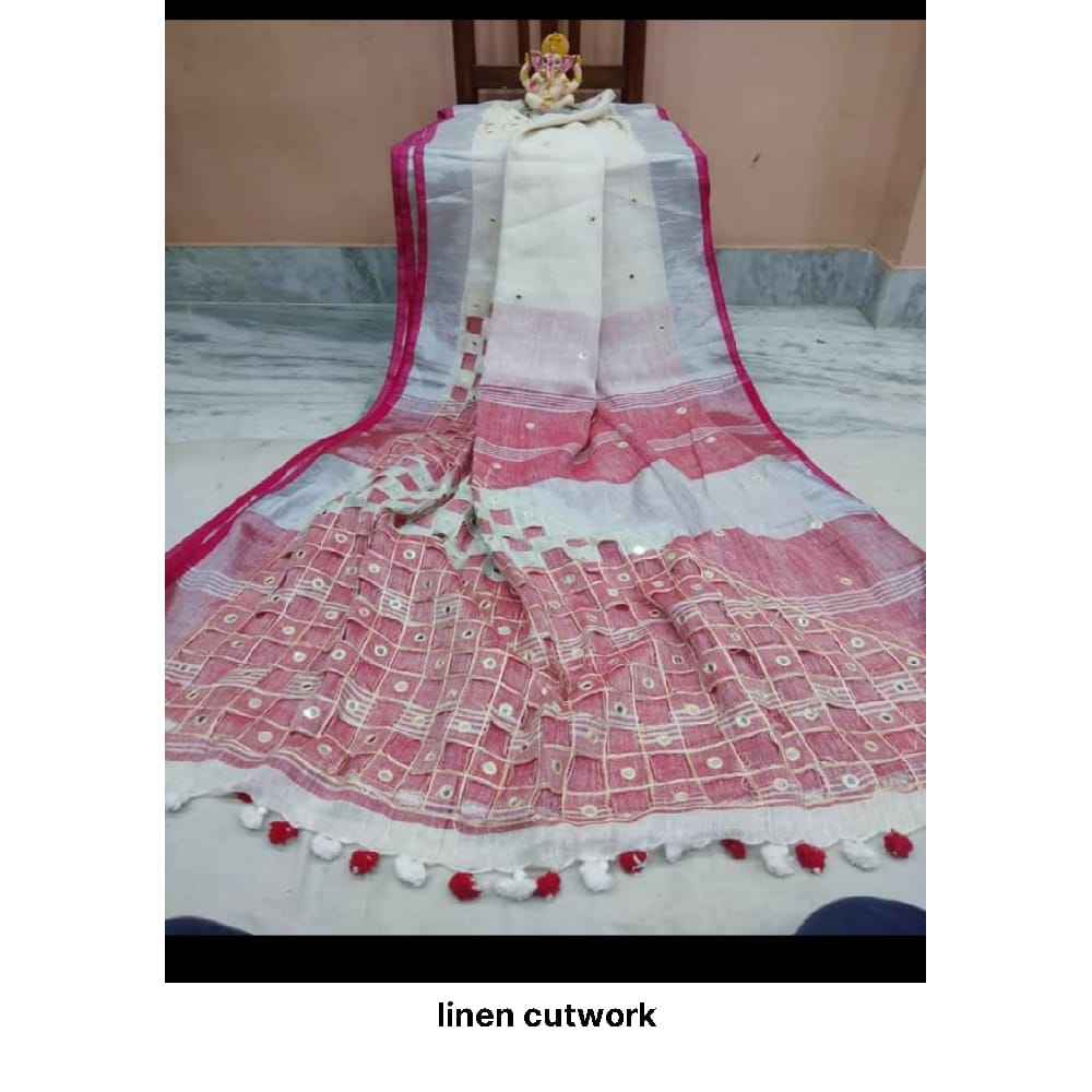 Linen cut work design saree M J HANDLOOMS