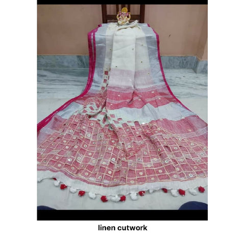 Linen cut work design saree M J HANDLOOMS