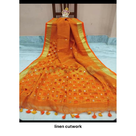 Linen cut work design saree M J HANDLOOMS