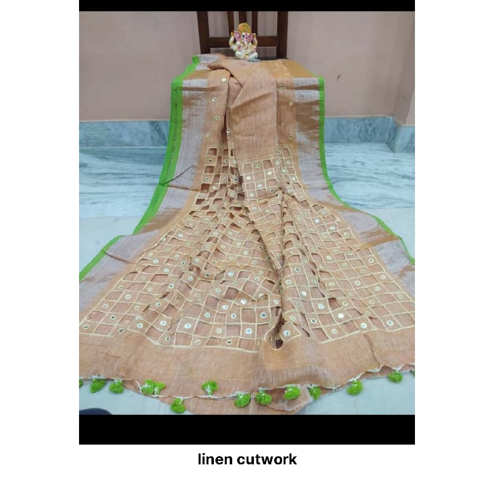 Linen cut work design saree M J HANDLOOM