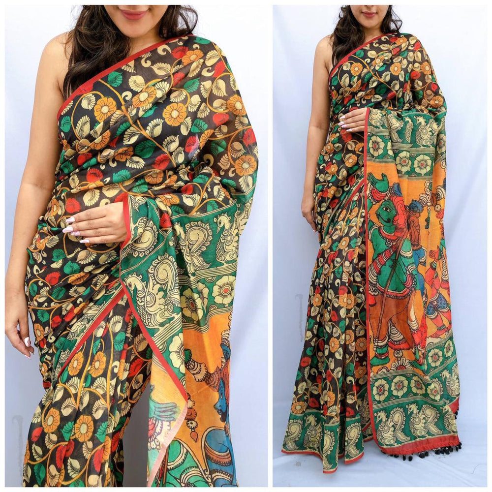 Soft heavy linen whit kalamkari print saree Dipen