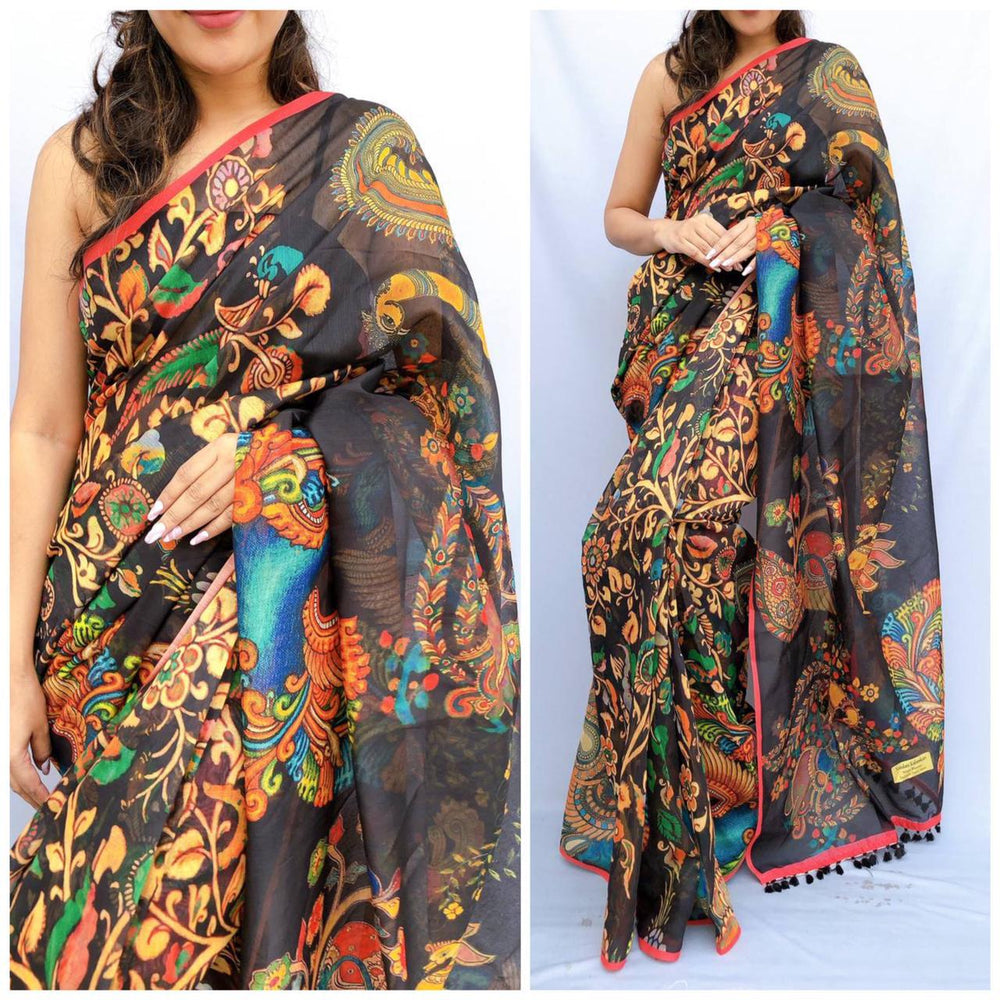 Soft heavy linen whit kalamkari print saree Dipen