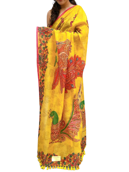 Soft heavy linen whit malamkari print saree Dipen