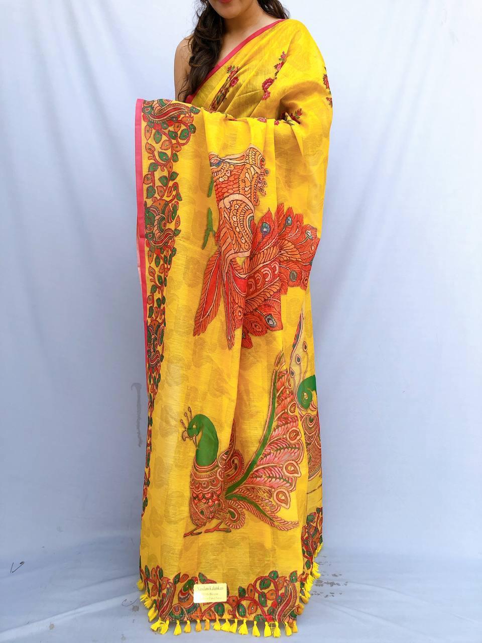 Soft heavy linen whit malamkari print saree Dipen