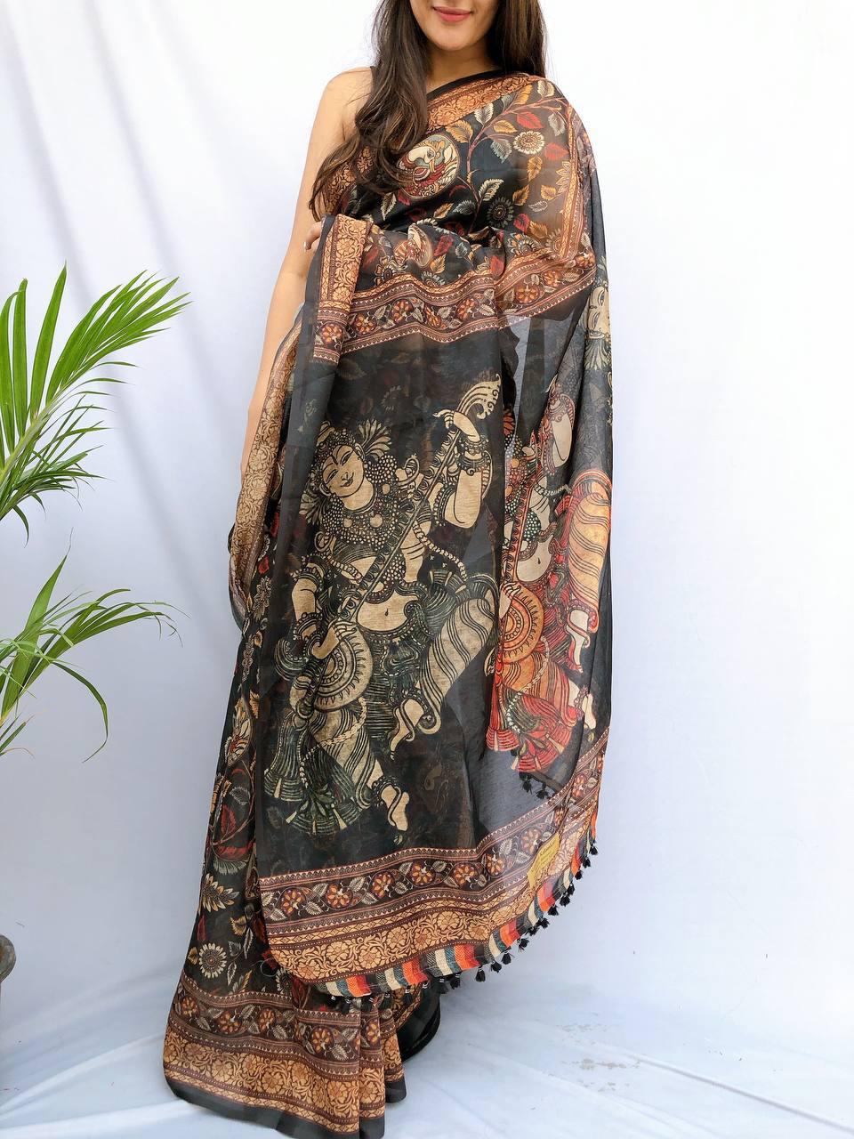 Soft heavy linen whit kalamkari print saree Dipen