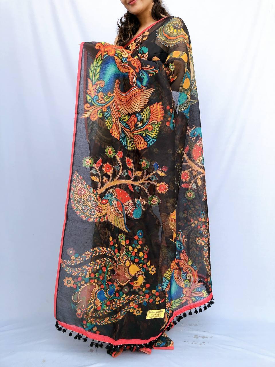Soft heavy linen whit kalamkari print saree Dipen