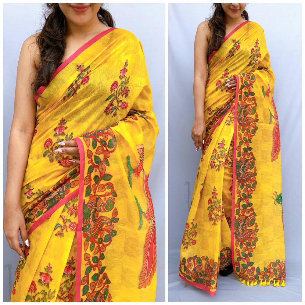 Soft heavy linen whit kalamkari print saree Dipen