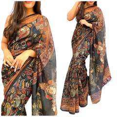 Soft heavy linen whit kalamkari print saree Dipen