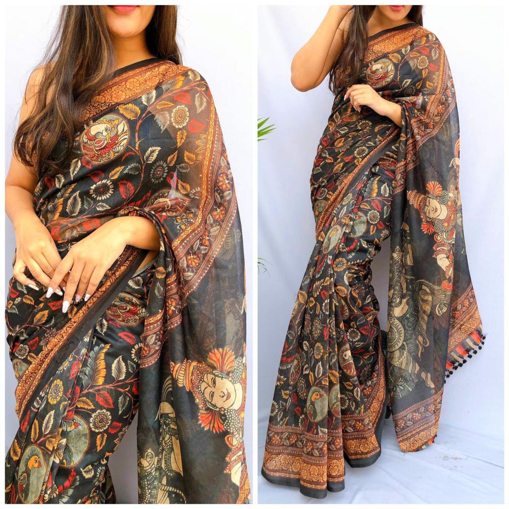 Soft heavy linen whit kalamkari print saree Dipen