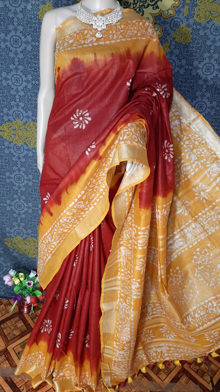 Khadi linen batik print saree MJ Handlooms