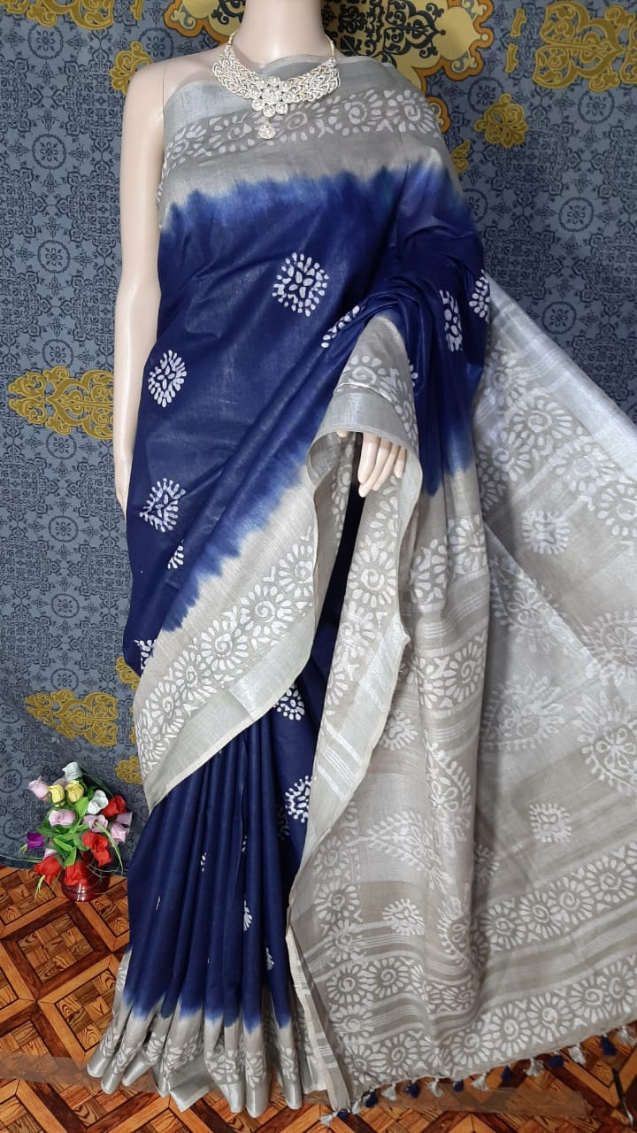 Khadi linen batik print saree MJ Handlooms