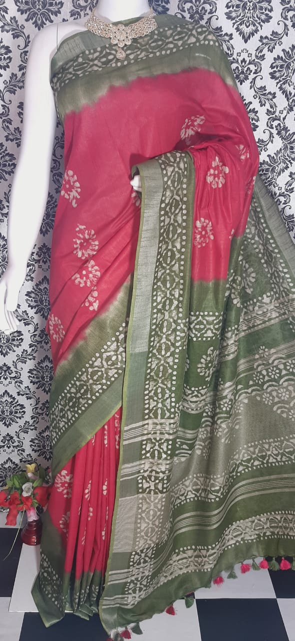 Khadi linen batik print saree MJ Handlooms