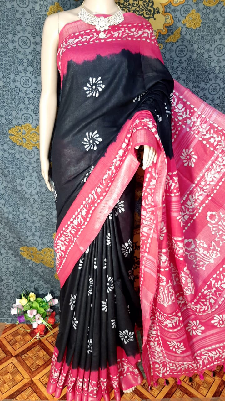 Khadi linen batik print saree MJ Handlooms