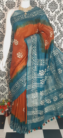 Khadi linen batik print saree MJ Handlooms