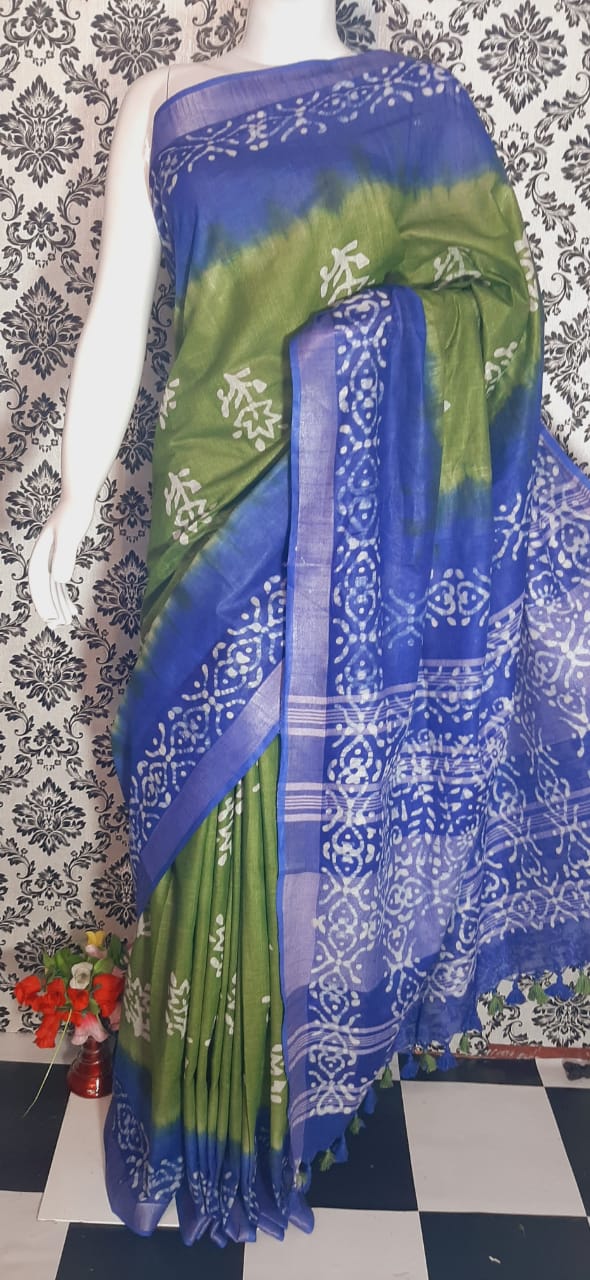 Khadi linen batik print saree MJ Handlooms