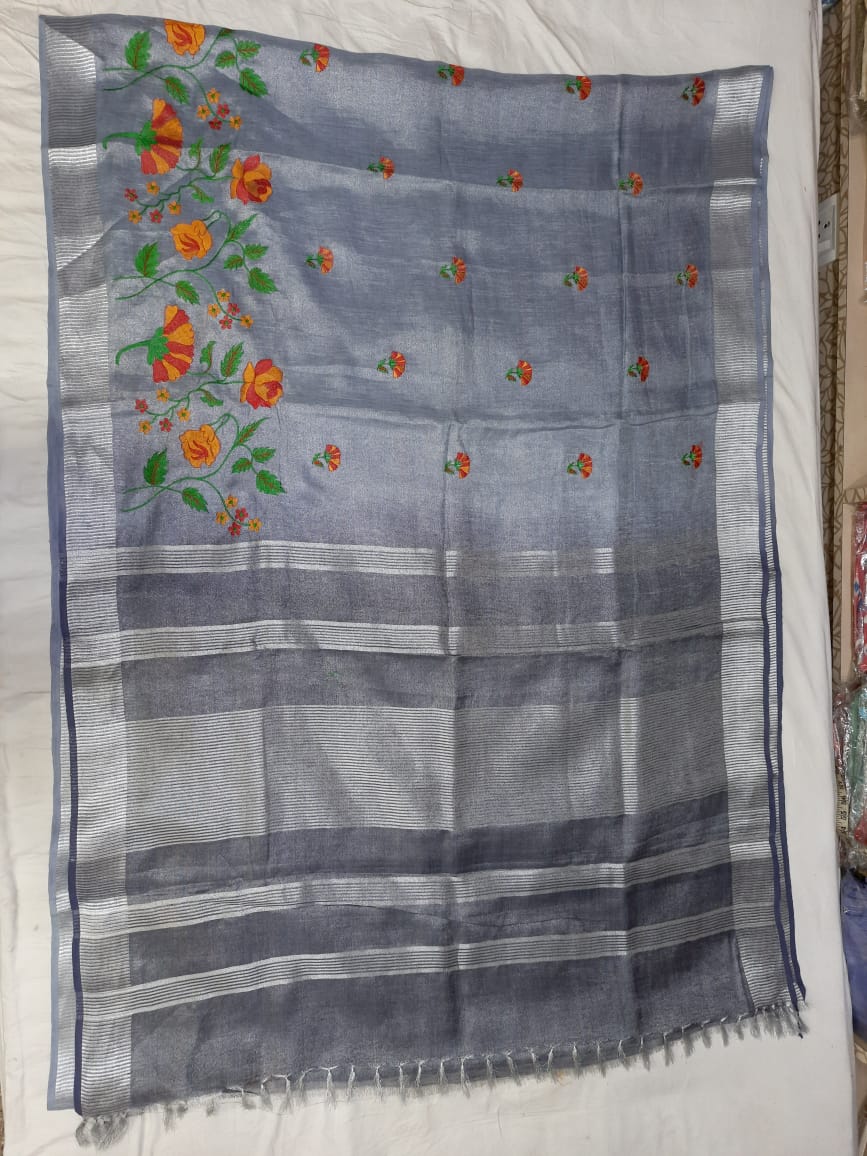 Tissue Linen Embroidery Saree SILK ZONE