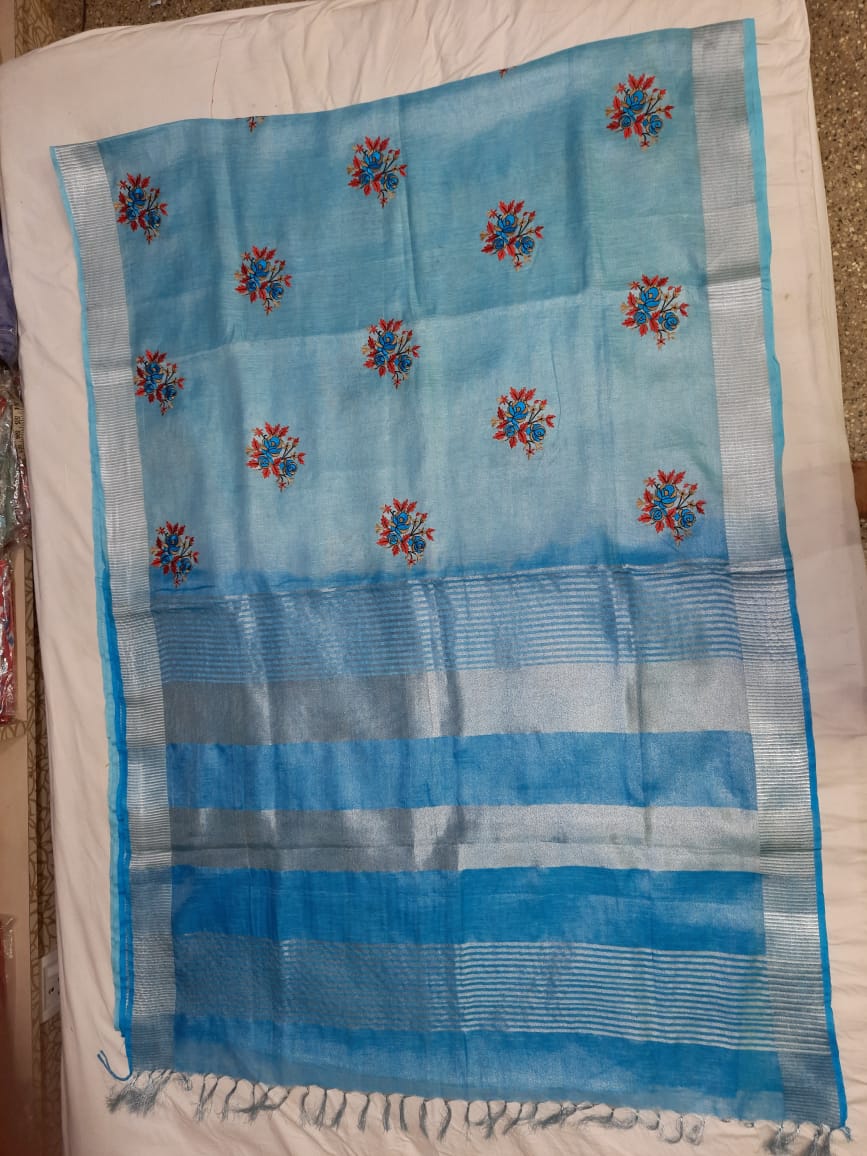 Pure Tissue Linen Embroidery Saree SILK ZONE