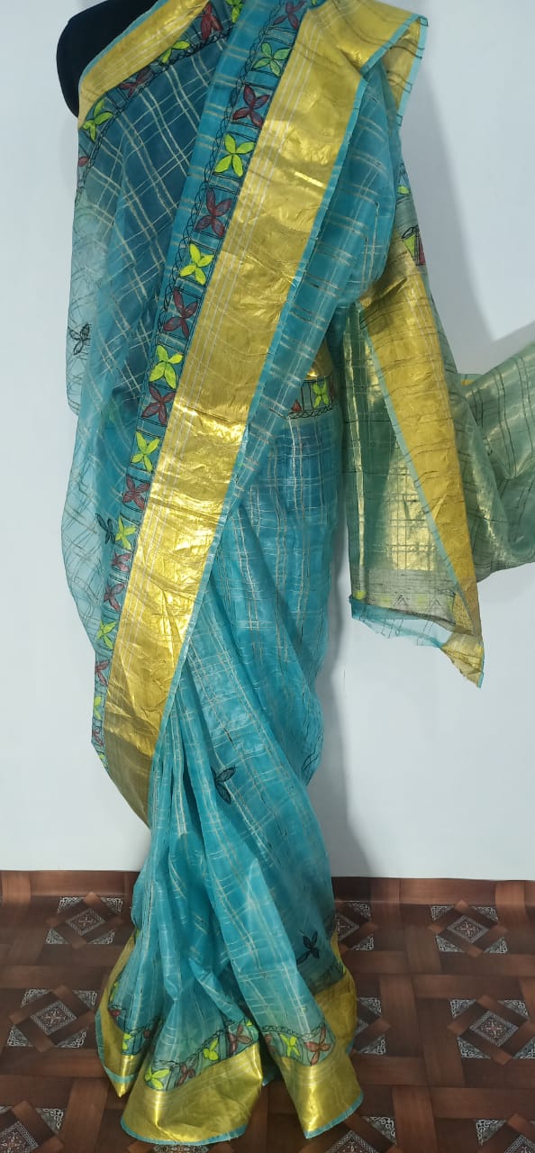 Pure Organza Silk Hand Madhubani Print Saree SILK ZONE