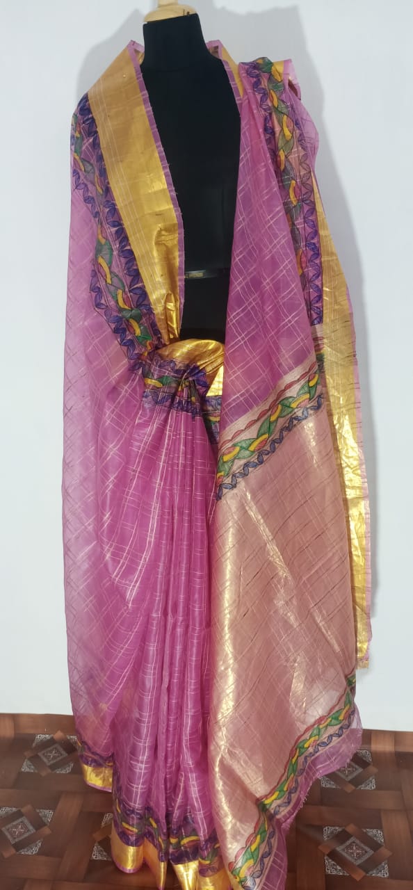 Pure Organza Silk Hand Madhubani Print Saree SILK ZONE