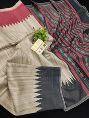 Pure Ghicha Silk Temple Border Ikkat Pallu Saree SILK ZONE