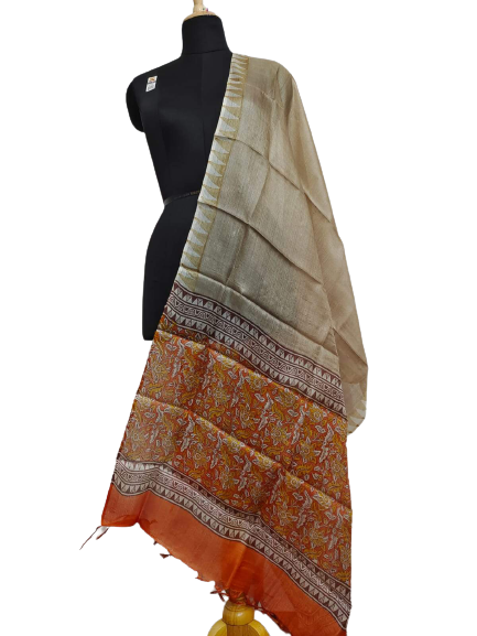 Tusssr silk hand block print dupatta SILK ZONE